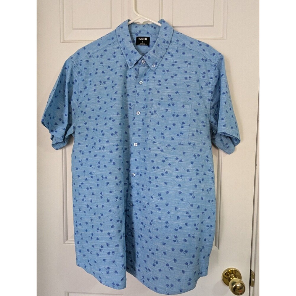 Hurley Button Down Shirt Blue Mens Large Short Sleeve Palm Tree Cotton Pocket
